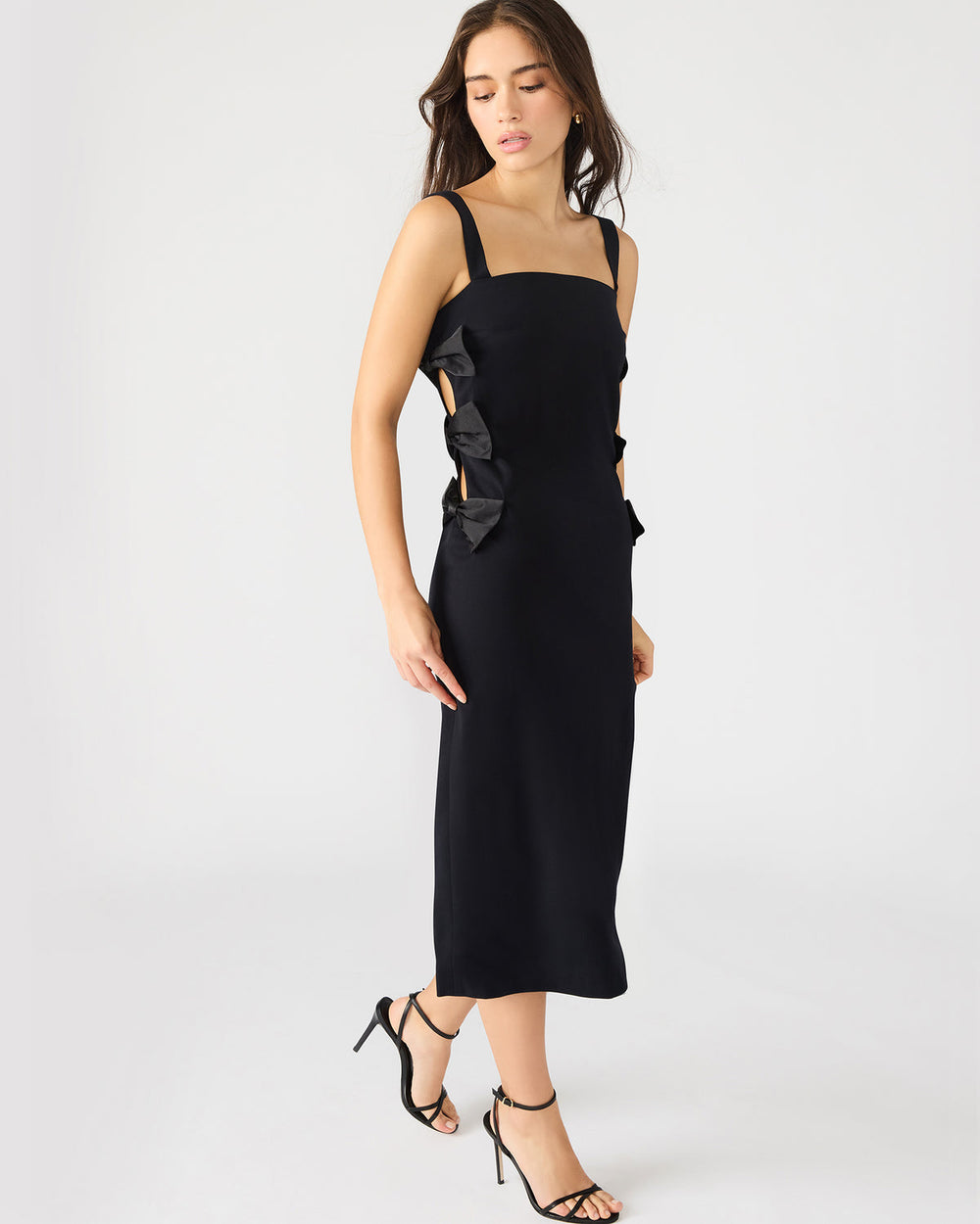 RENE Black Form-Fitting Bow Women's Midi Dress | Steve Madden for Sale