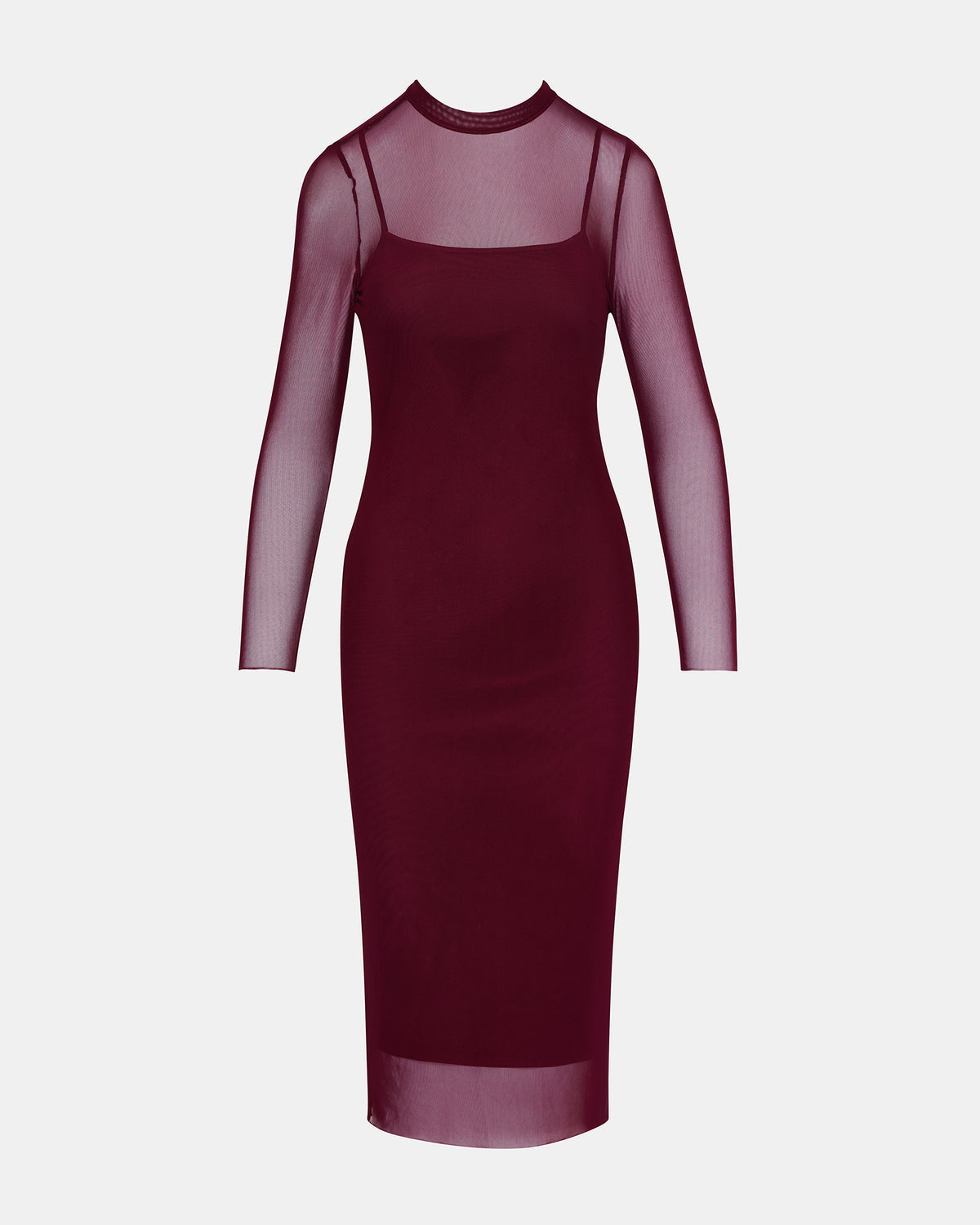 HAILEE Wine Long-Sleeved Mesh Pull-On Mock Neck Midi Women's Dress | Steve Madden discount
