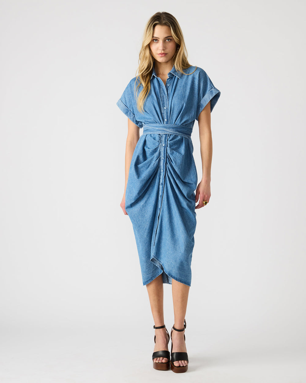 TORI Denim Button Up Collared Midi Dress | Steve Madden US