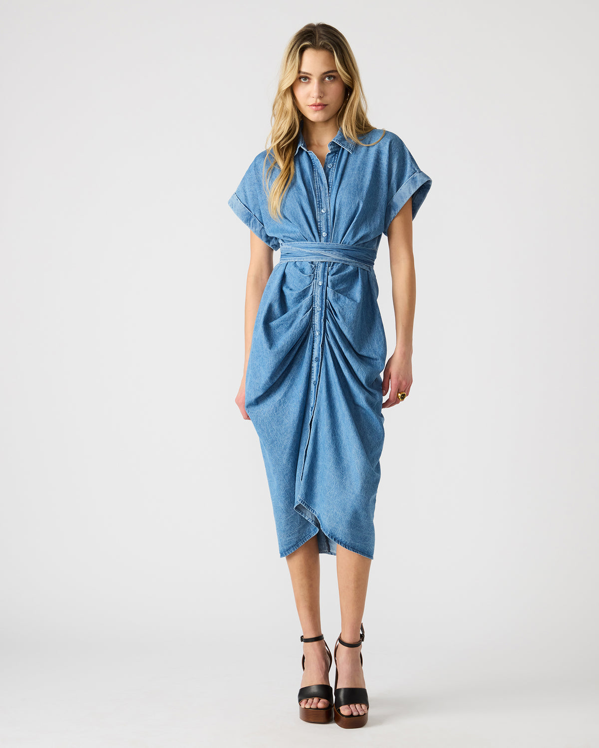 TORI Denim Button Up Collared Midi Dress | Steve Madden US