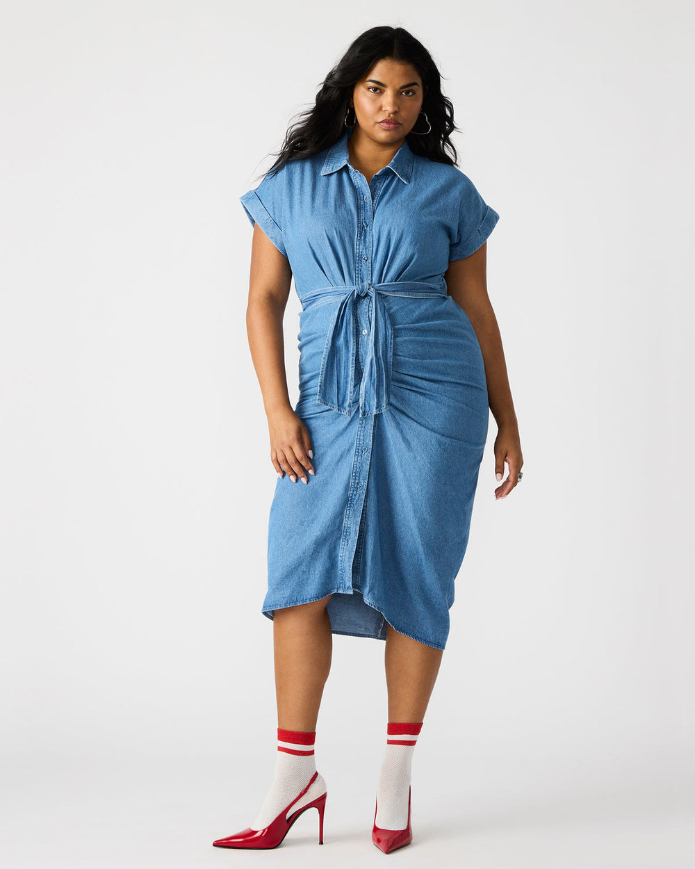 TORI Denim Button Up Collared Midi Dress | Steve Madden US