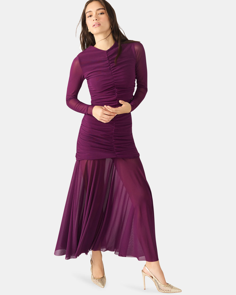 KIARA Beet Long-Sleeved Maxi Mesh Flowy Women's Dress | Steve Madden Sale