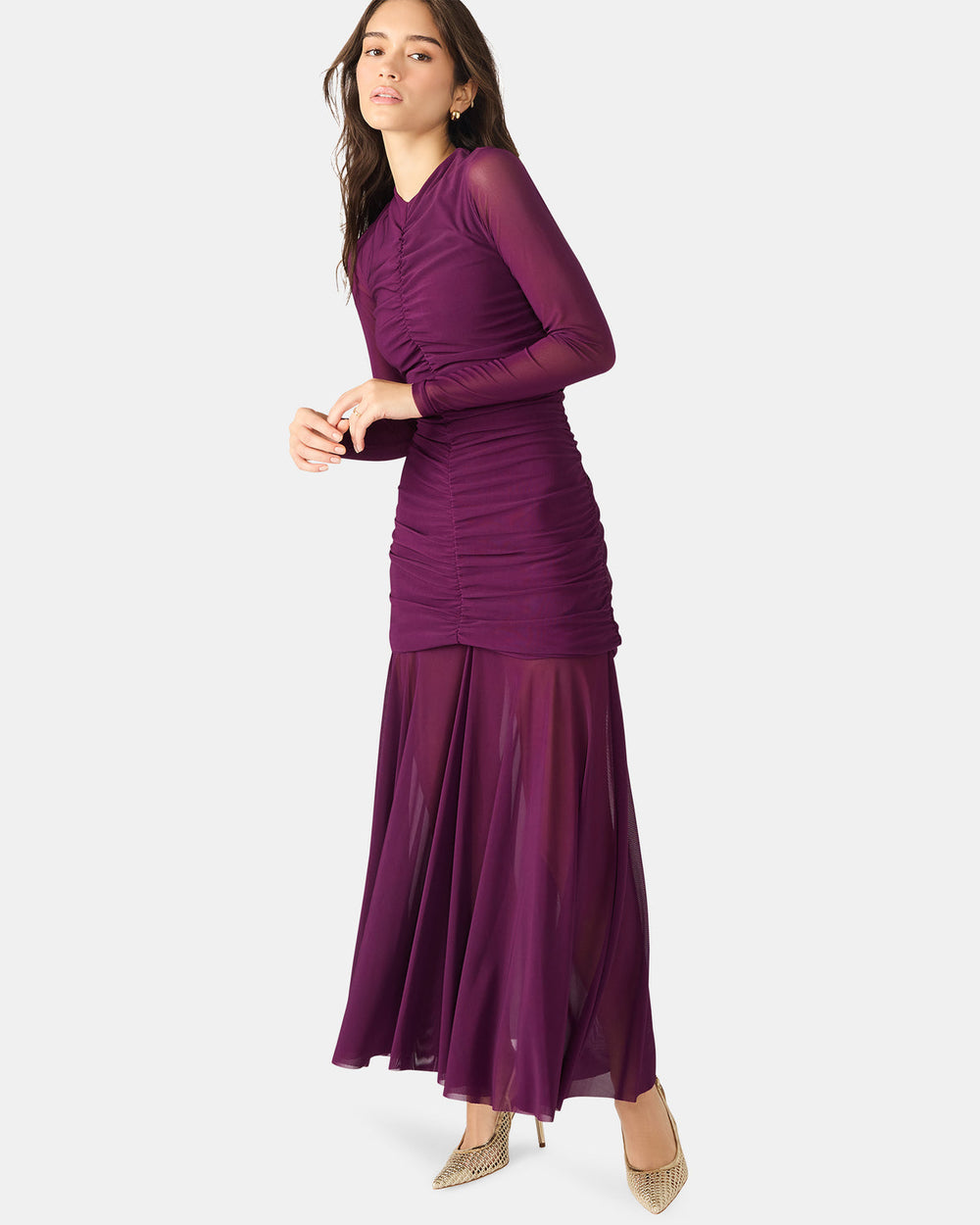 KIARA Beet Long-Sleeved Maxi Mesh Flowy Women's Dress | Steve Madden Sale