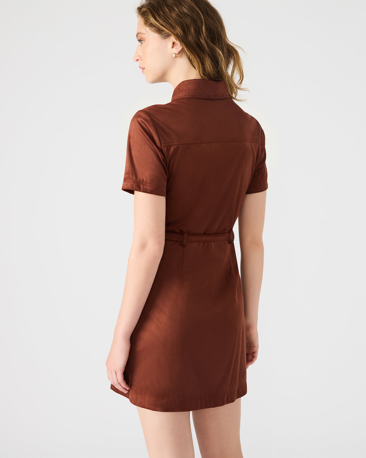 JOLIANA Dark Fig Short-Sleeved Mini Button-Up Women's Dress | Steve Madden on Sale