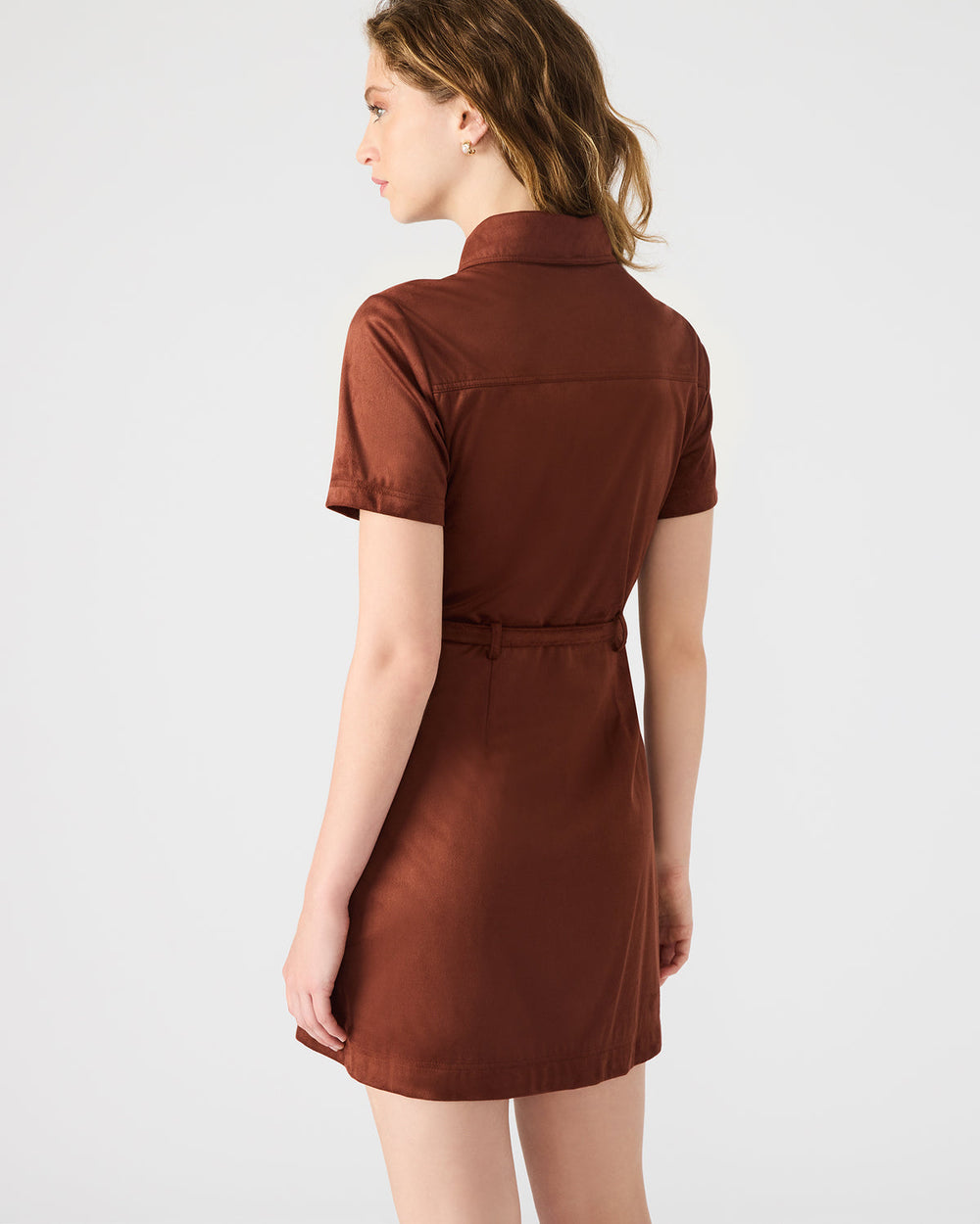 JOLIANA Dark Fig Short-Sleeved Mini Button-Up Women's Dress | Steve Madden on Sale