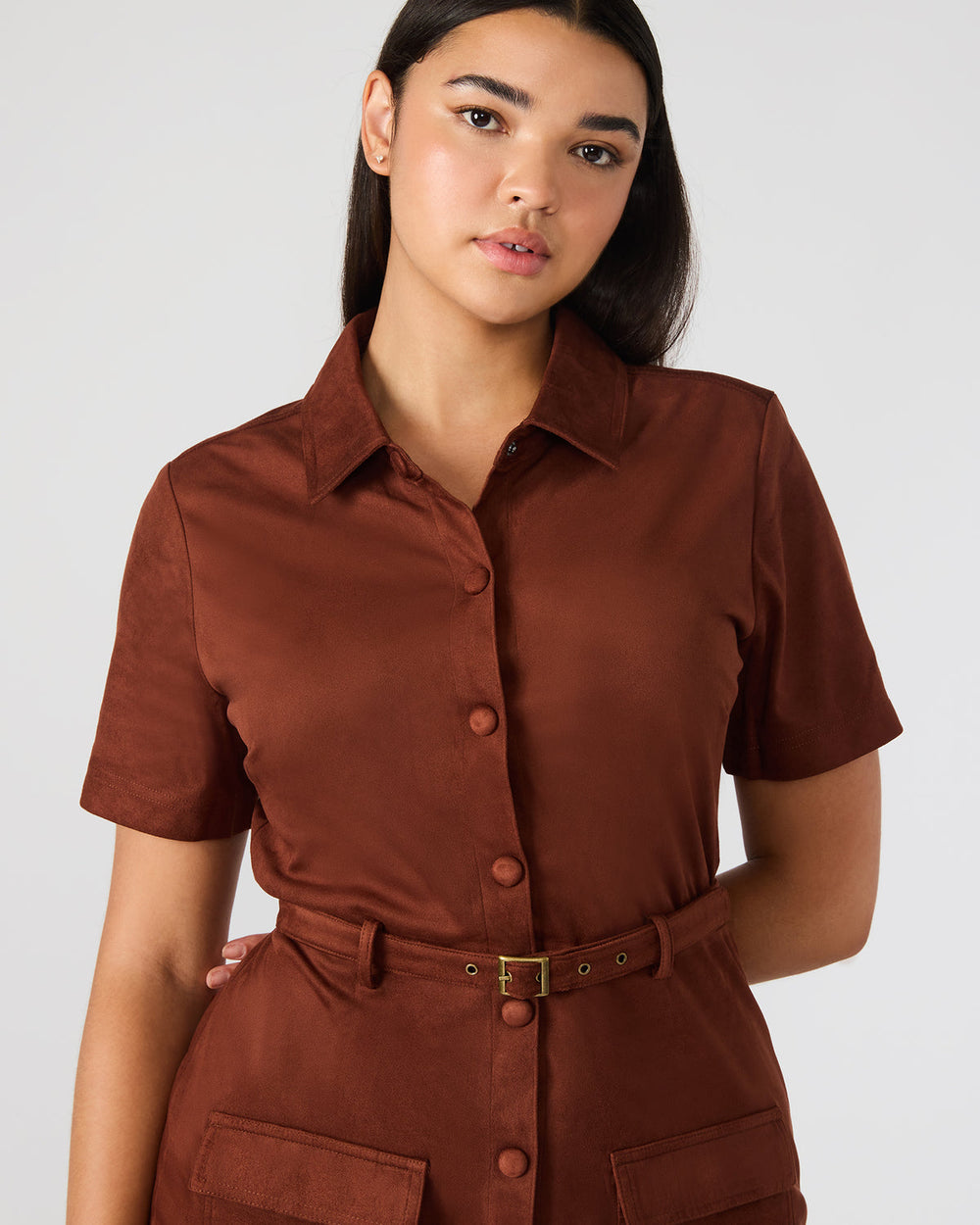 JOLIANA Dark Fig Short-Sleeved Mini Button-Up Women's Dress | Steve Madden on Sale