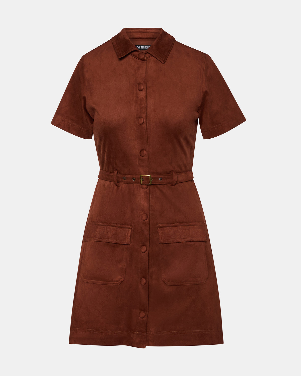 JOLIANA Dark Fig Short-Sleeved Mini Button-Up Women's Dress | Steve Madden on Sale