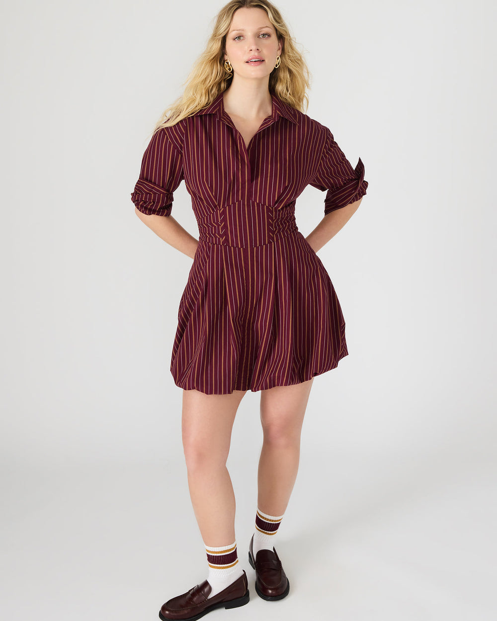 ARIELLE Wine Long-Sleeved Button-Up Bubble Women's Dress | Steve Madden near me