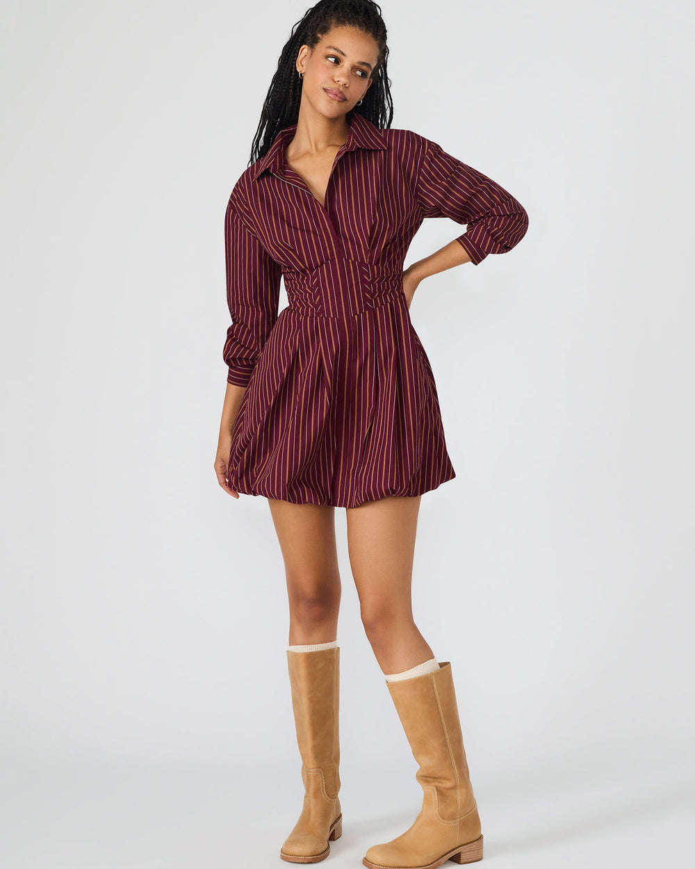 ARIELLE Wine Long-Sleeved Button-Up Bubble Women's Dress | Steve Madden near me