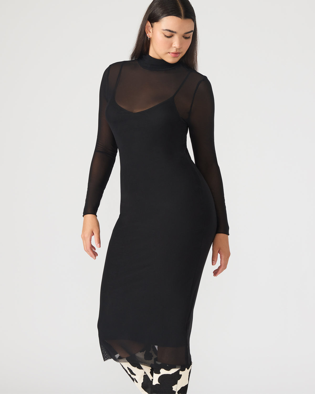 HAILEE Black Long-Sleeved Mesh Pull-On Mock Neck Midi Women's Dress | Steve Madden discount