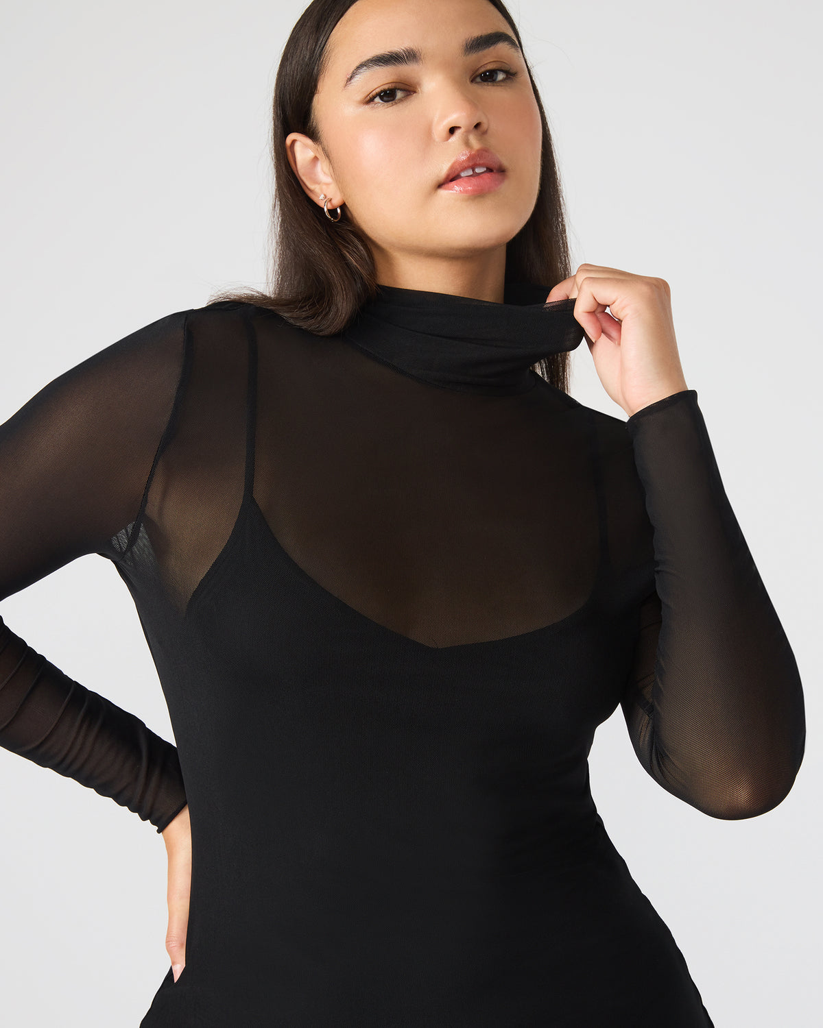 HAILEE Black Long-Sleeved Mesh Pull-On Mock Neck Midi Women's Dress | Steve Madden discount