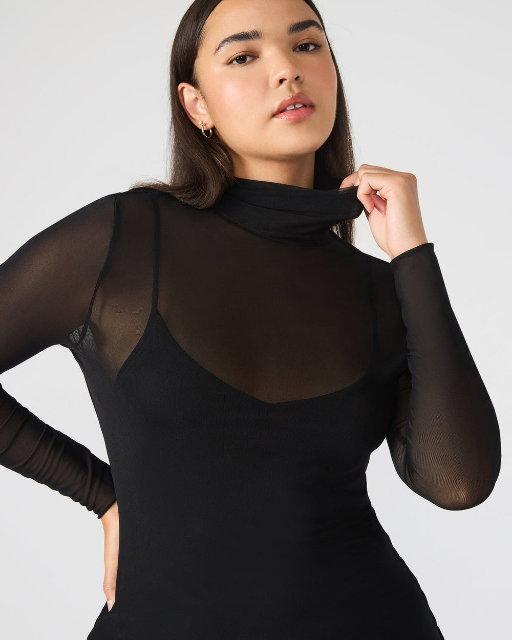 HAILEE Black Long-Sleeved Mesh Pull-On Mock Neck Midi Women's Dress | Steve Madden discount