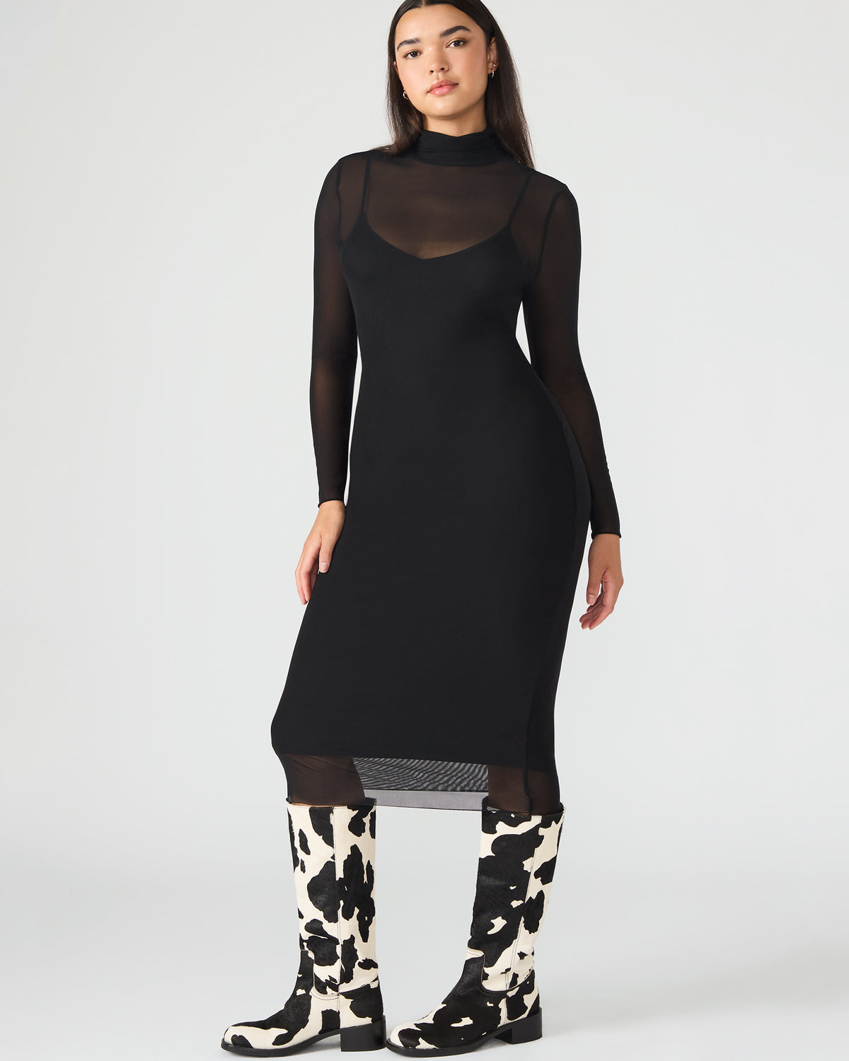 HAILEE Black Long-Sleeved Mesh Pull-On Mock Neck Midi Women's Dress | Steve Madden discount