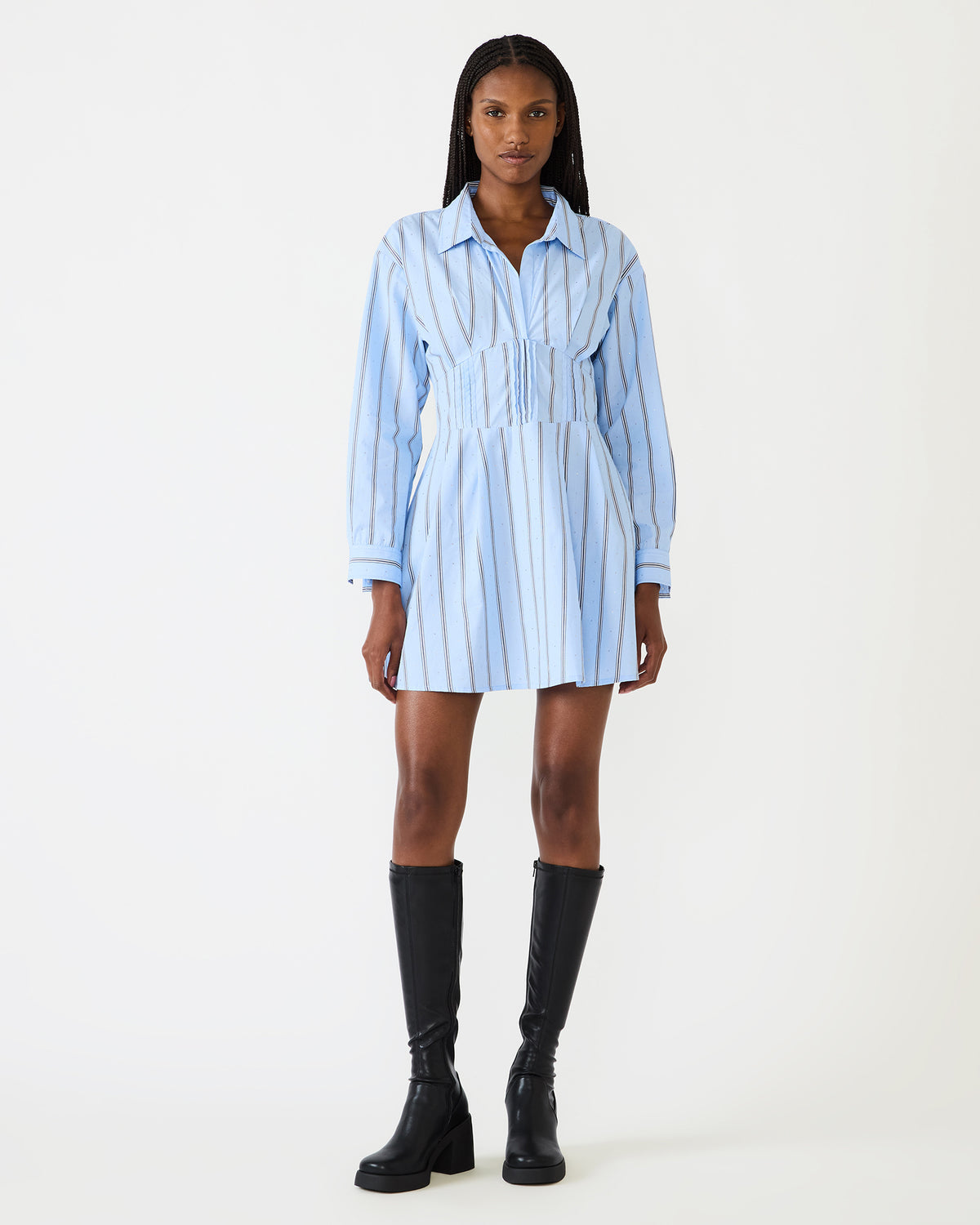 ARIANY Estate Blue Long-Sleeved Collared Neckline Women's Dress | Steve Madden US
