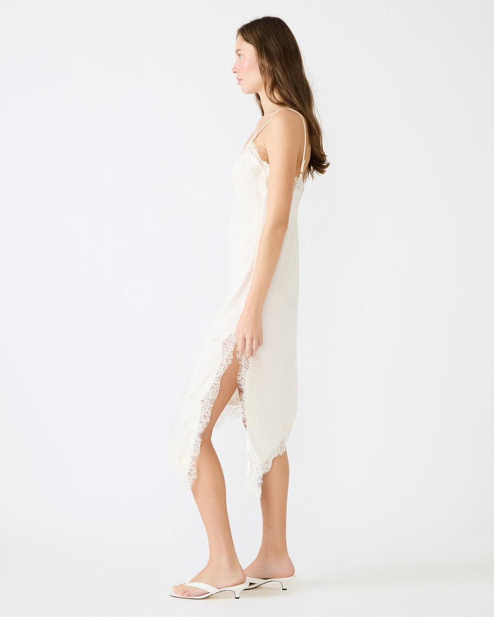 DANNA Cream Asymmetrical Lace Trim Women's Midi Dress | Steve Madden outlet