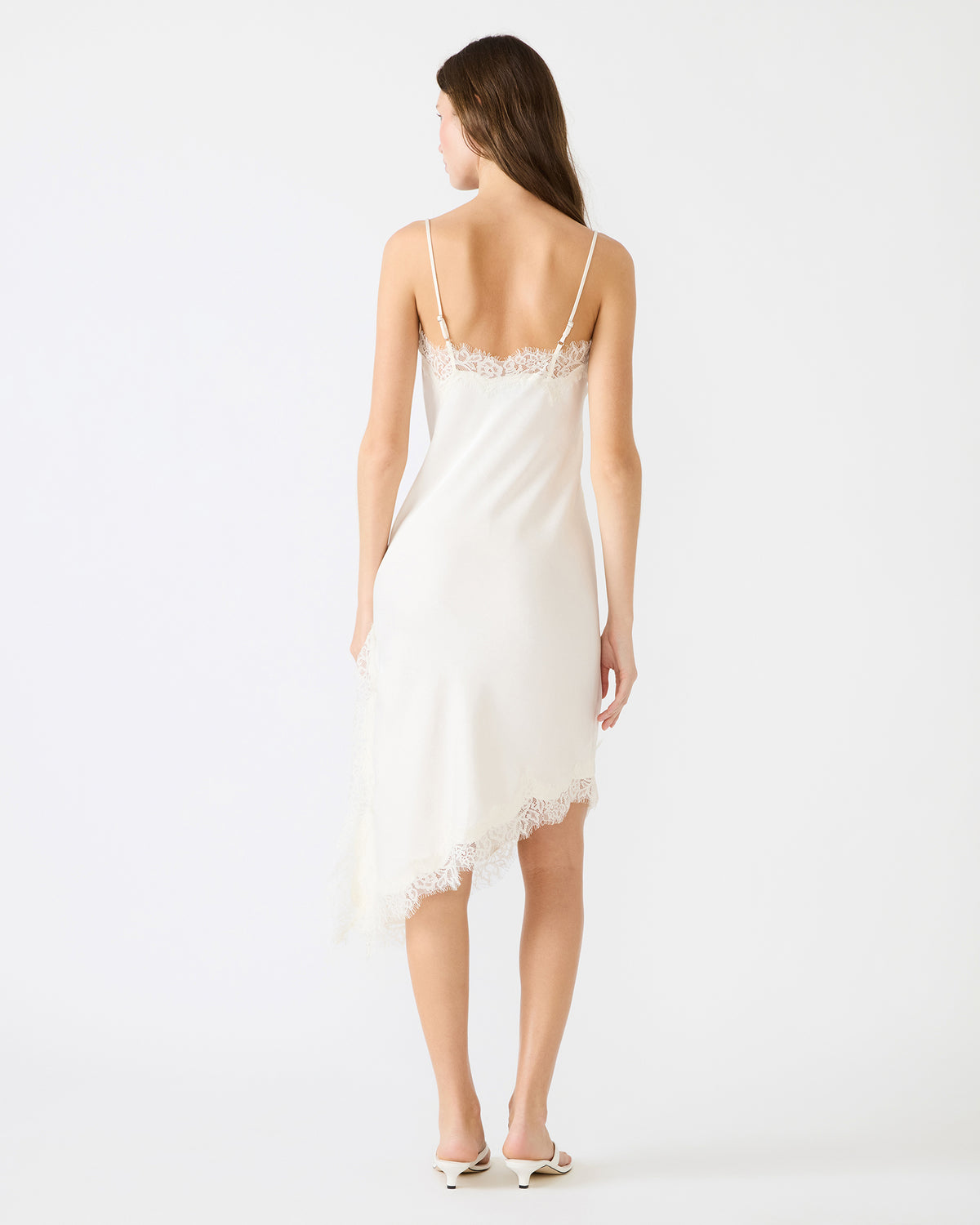 DANNA Cream Asymmetrical Lace Trim Women's Midi Dress | Steve Madden outlet
