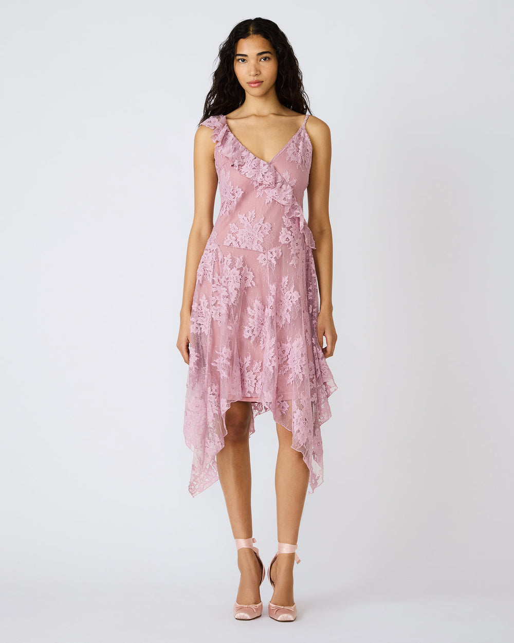 DARIELLA Mauve Shadows Sleeveless Asymmetrical Ruffle Lace Mesh Women's Midi Dress | Steve Madden for Sale