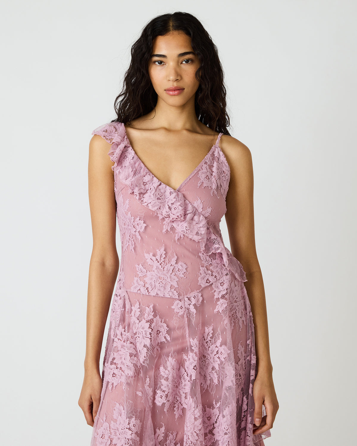 DARIELLA Mauve Shadows Sleeveless Asymmetrical Ruffle Lace Mesh Women's Midi Dress | Steve Madden for Sale