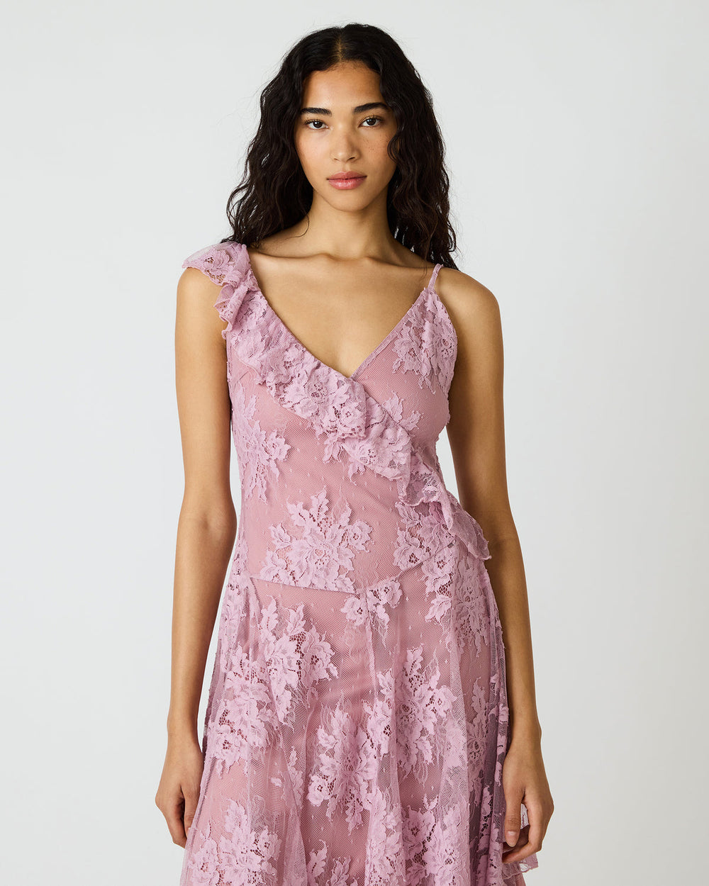 DARIELLA Mauve Shadows Sleeveless Asymmetrical Ruffle Lace Mesh Women's Midi Dress | Steve Madden for Sale
