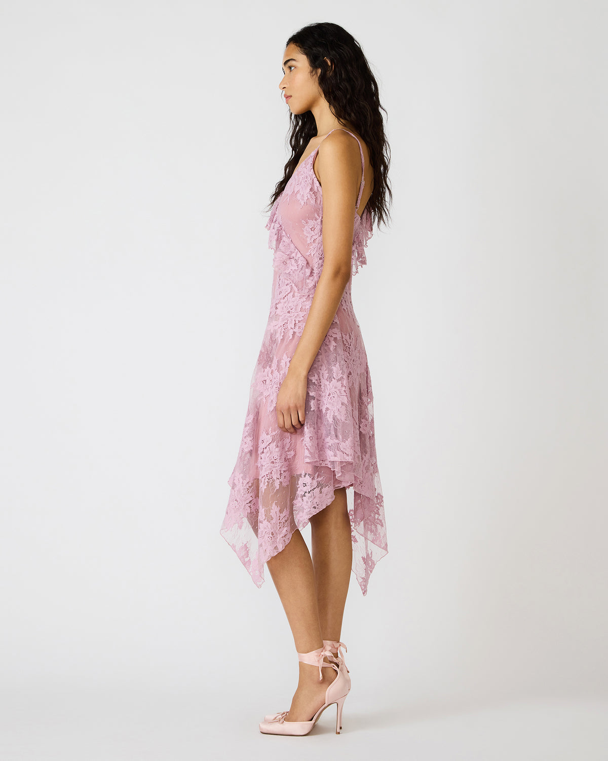 DARIELLA Mauve Shadows Sleeveless Asymmetrical Ruffle Lace Mesh Women's Midi Dress | Steve Madden for Sale