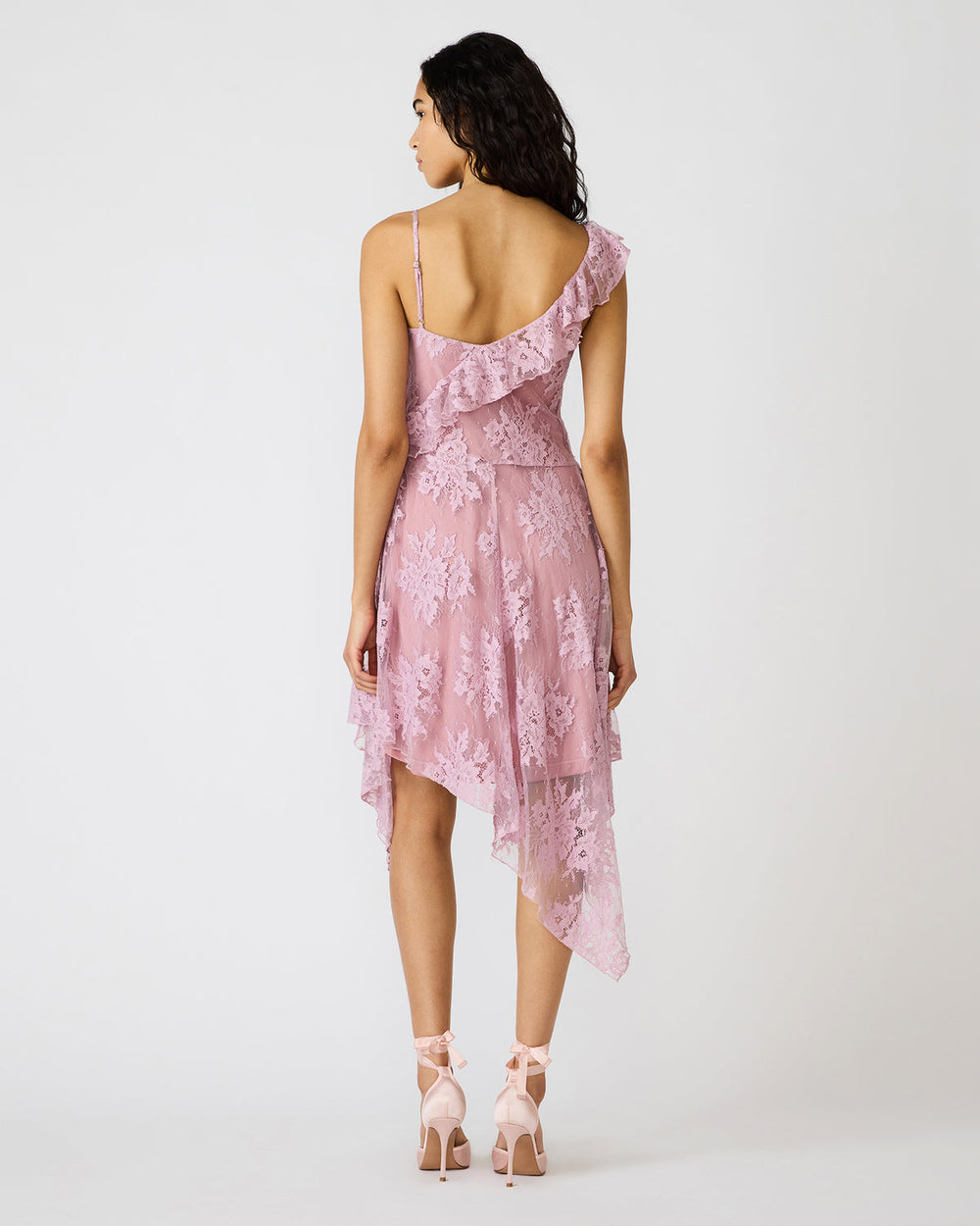 DARIELLA Mauve Shadows Sleeveless Asymmetrical Ruffle Lace Mesh Women's Midi Dress | Steve Madden for Sale
