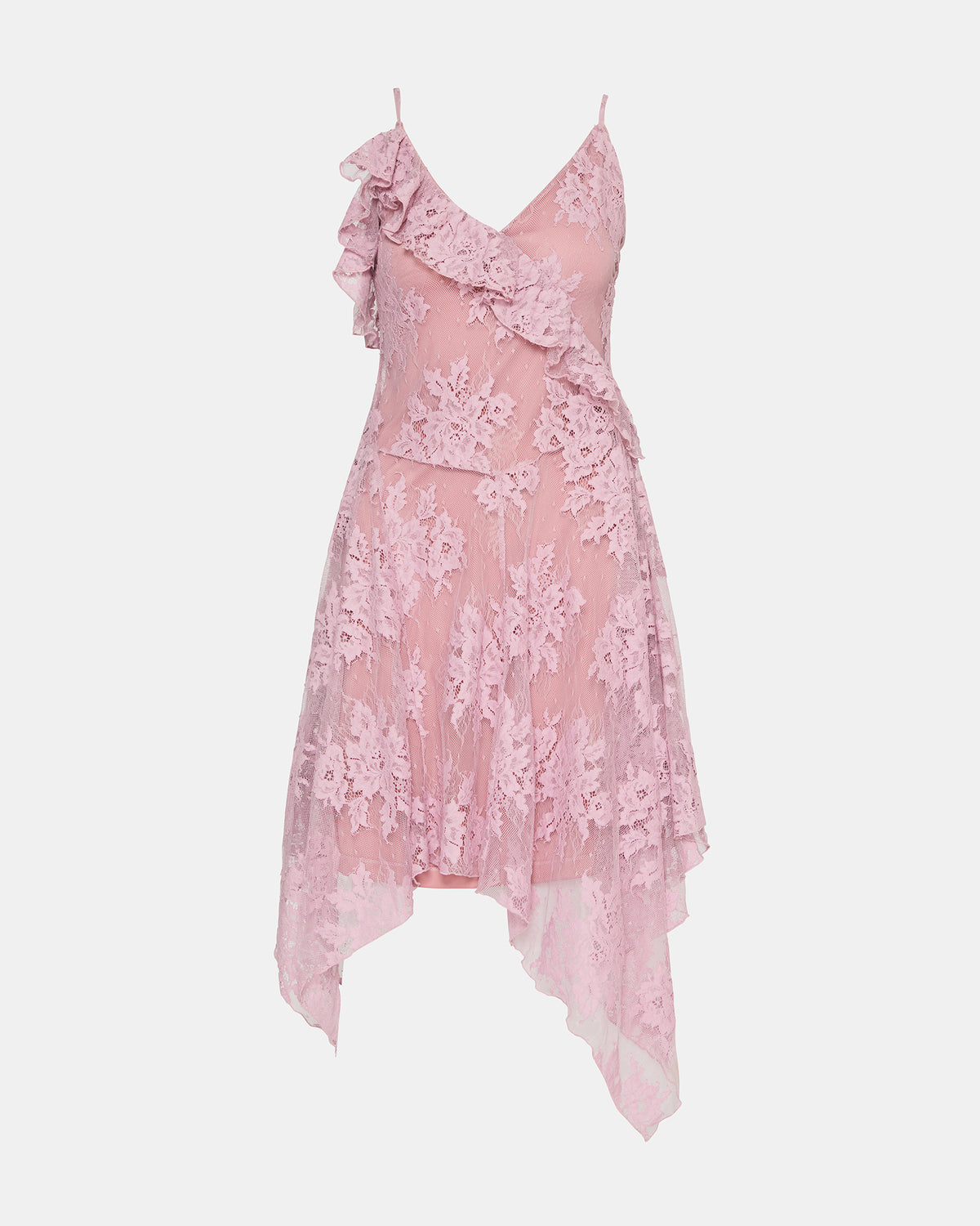 DARIELLA Mauve Shadows Sleeveless Asymmetrical Ruffle Lace Mesh Women's Midi Dress | Steve Madden for Sale