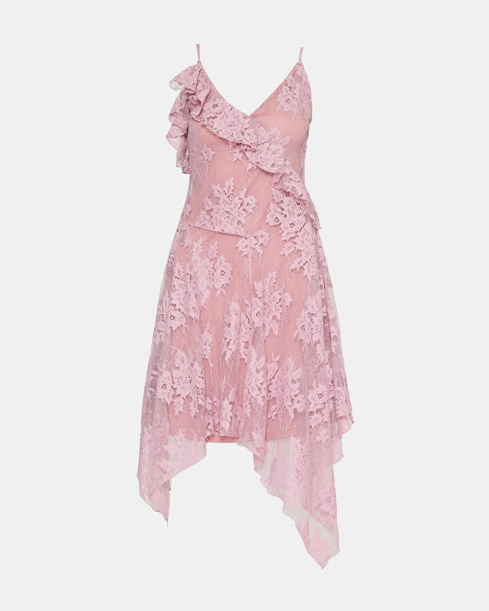 DARIELLA Mauve Shadows Sleeveless Asymmetrical Ruffle Lace Mesh Women's Midi Dress | Steve Madden for Sale