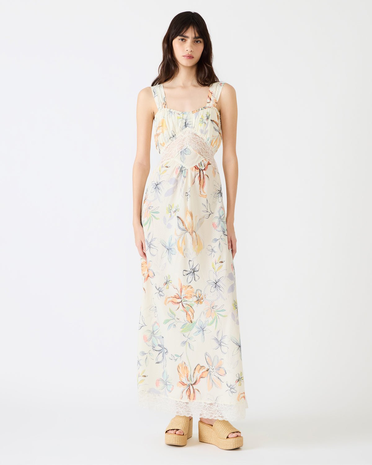 ALEXUS Vintage Ivory Flowy Lace Trim Flowy Women's Maxi Dress | Steve Madden on Sale