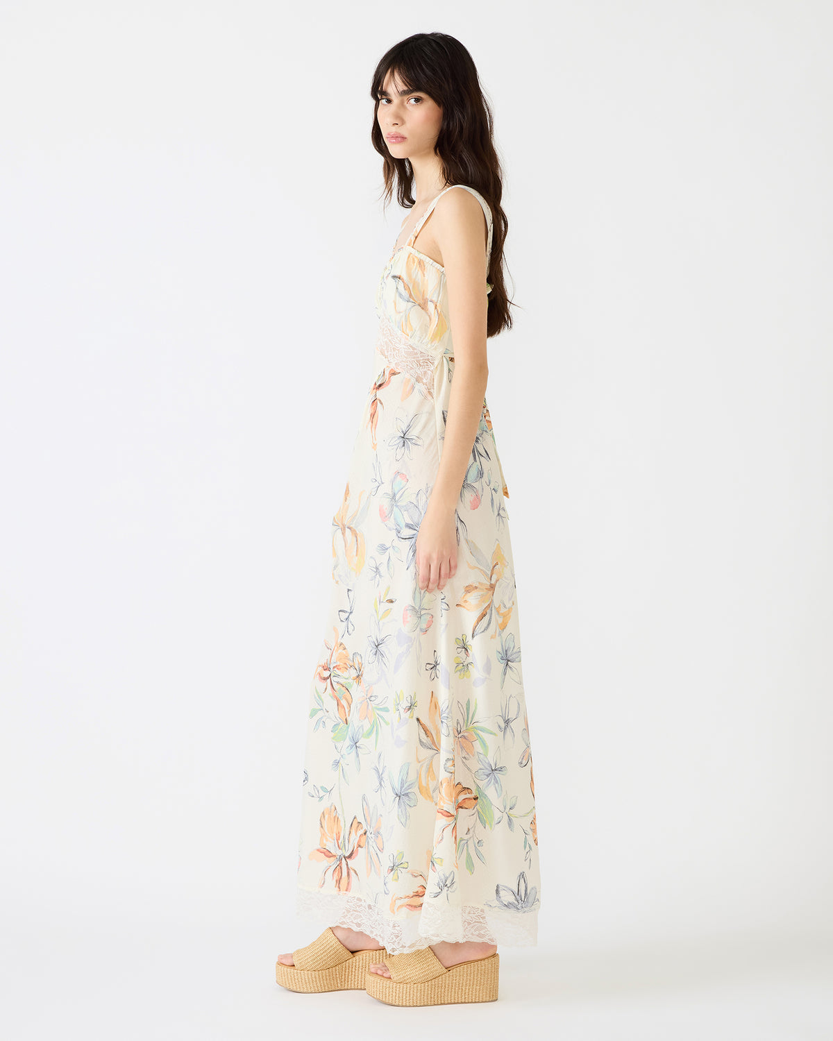 ALEXUS Vintage Ivory Flowy Lace Trim Flowy Women's Maxi Dress | Steve Madden on Sale