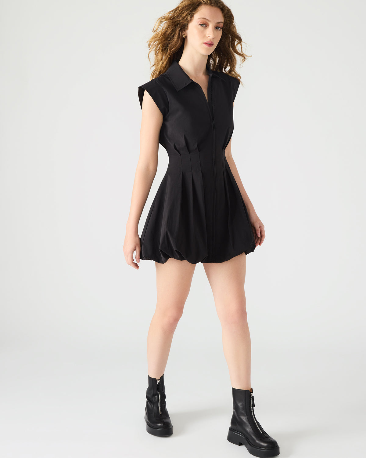 DYANNE Black Women's Zip-Front Bubble-Hem Dress | Steve Madden US
