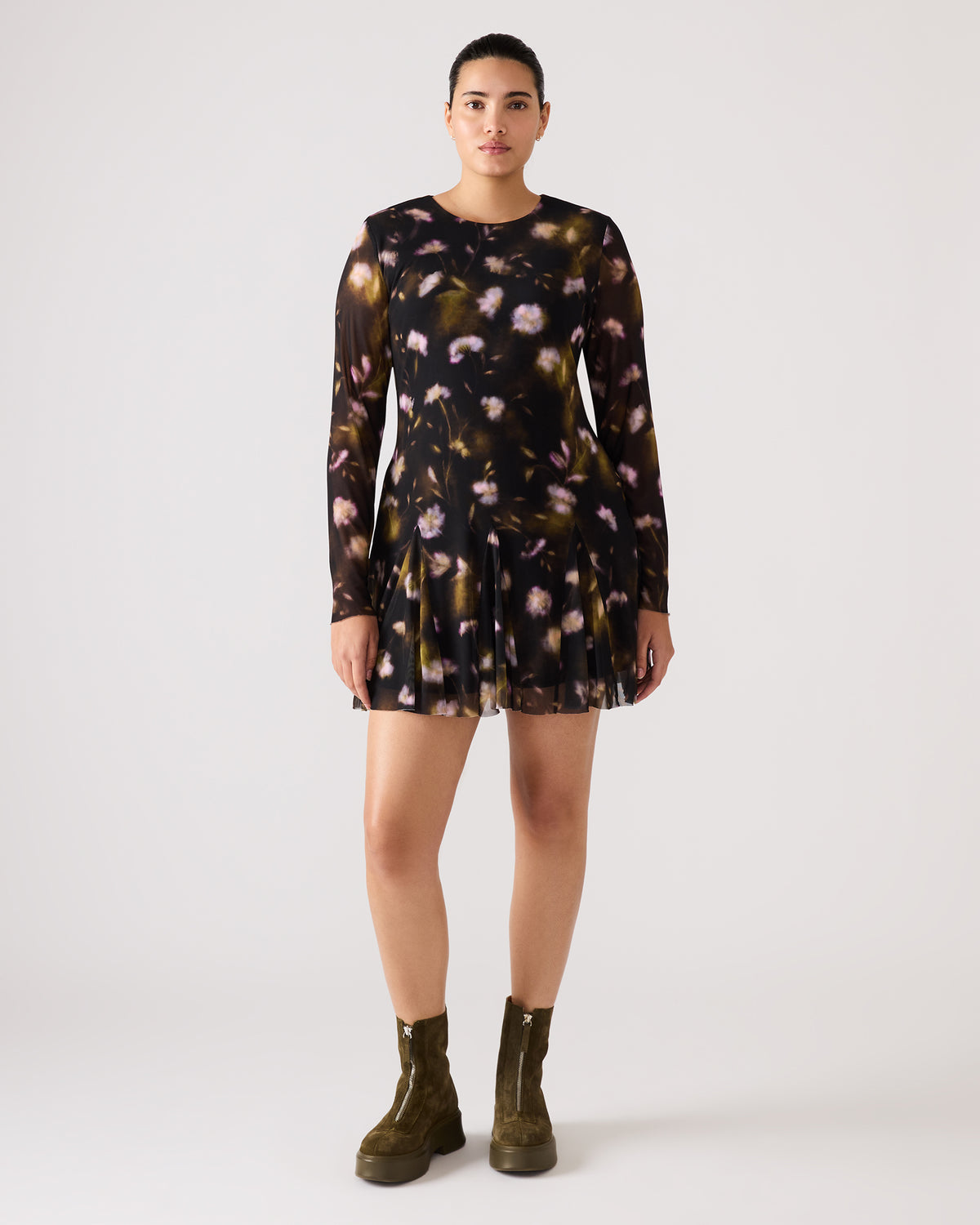 BLISS Black Ditsy Floral Long-Sleeved Floral Print Mesh Sheer Mini Women's Dress | Steve Madden outlet