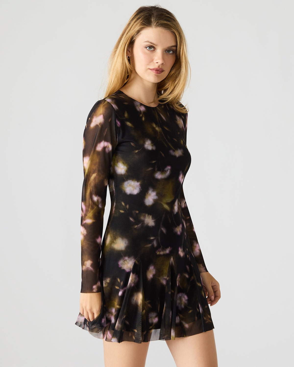 BLISS Black Ditsy Floral Long-Sleeved Floral Print Mesh Sheer Mini Women's Dress | Steve Madden outlet