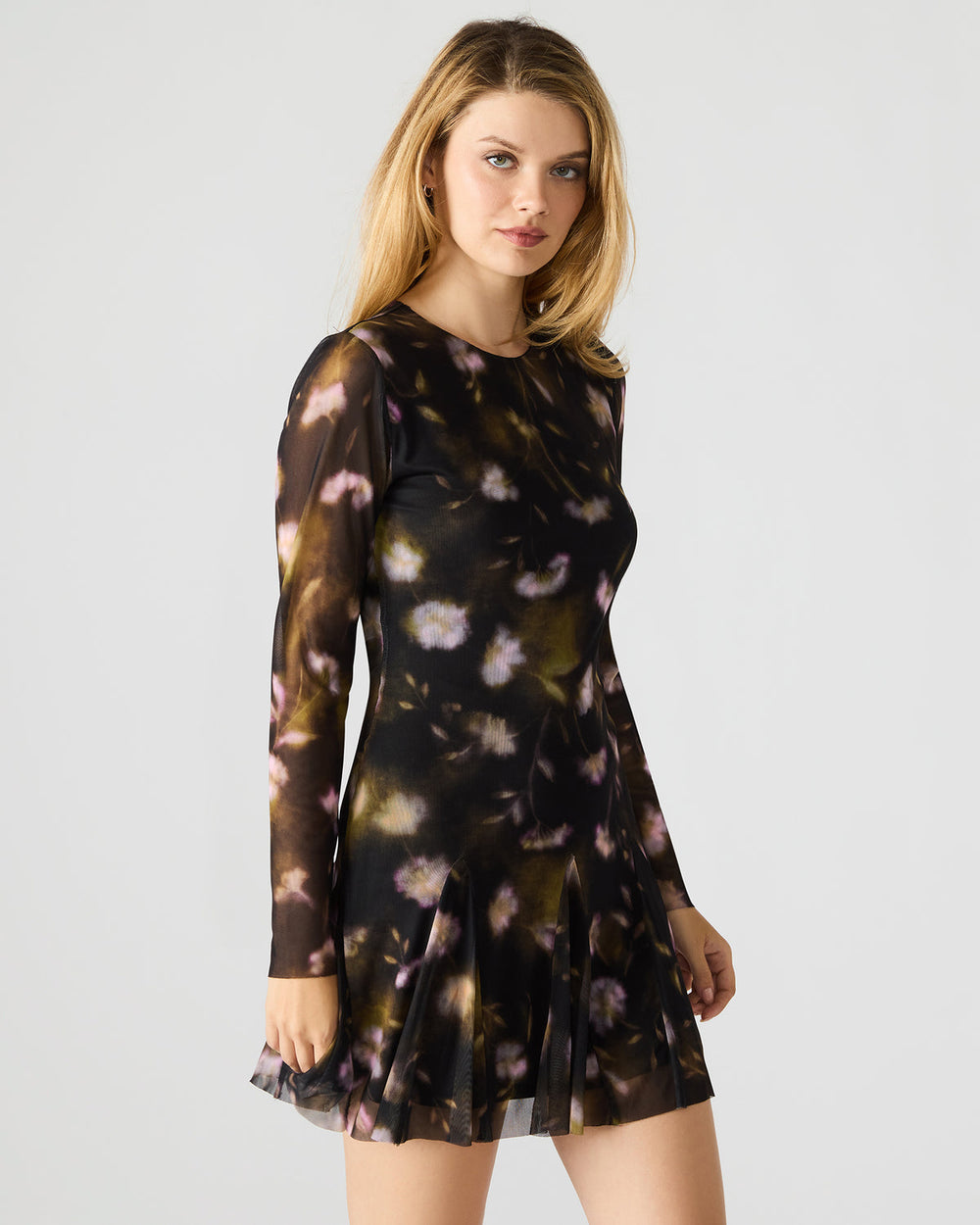 BLISS Black Ditsy Floral Long-Sleeved Floral Print Mesh Sheer Mini Women's Dress | Steve Madden outlet
