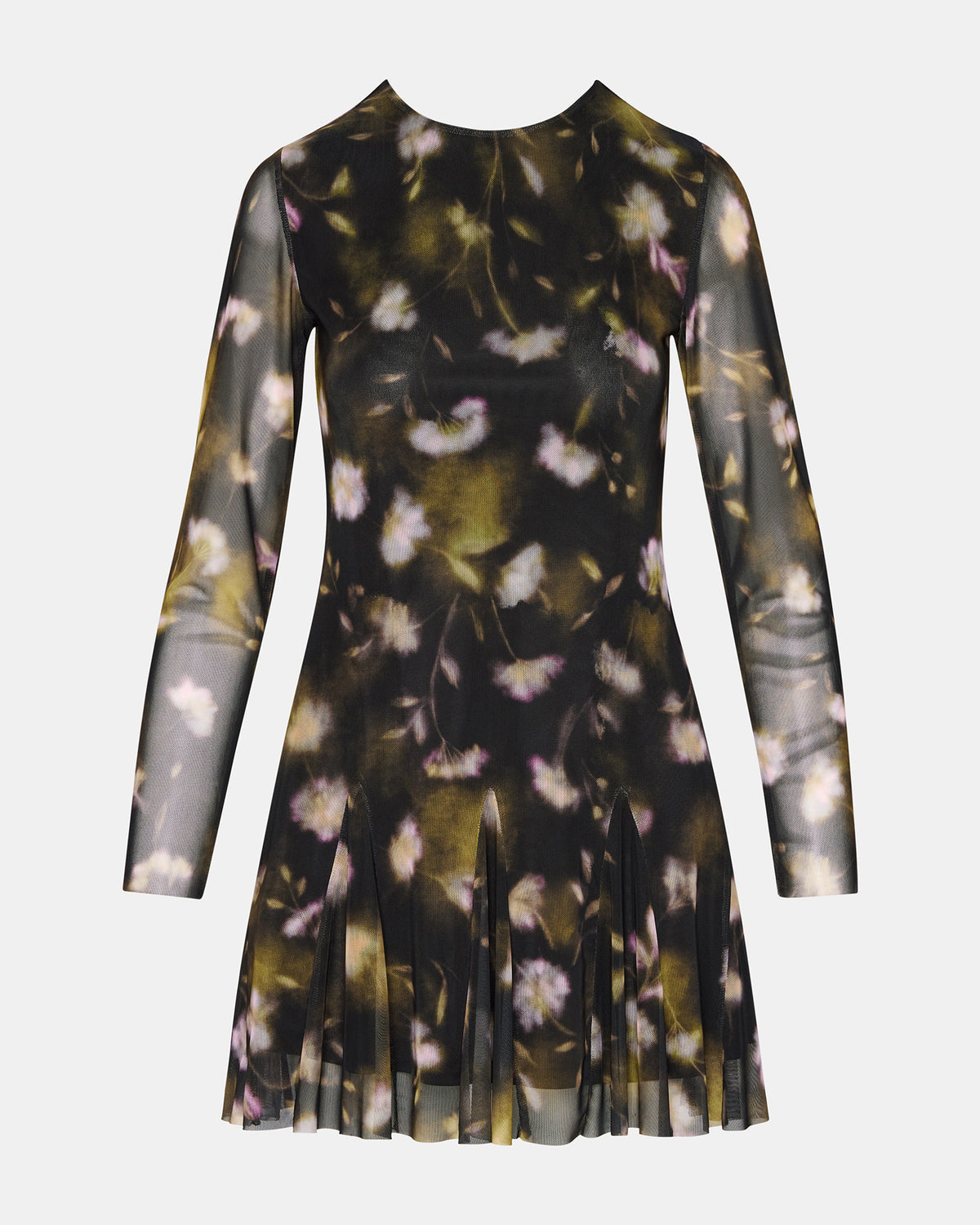 BLISS Black Ditsy Floral Long-Sleeved Floral Print Mesh Sheer Mini Women's Dress | Steve Madden outlet