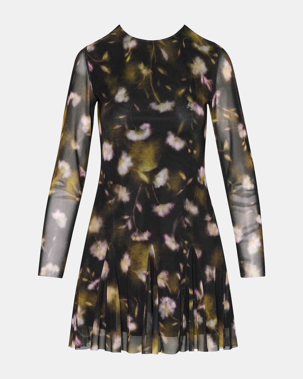 BLISS Black Ditsy Floral Long-Sleeved Floral Print Mesh Sheer Mini Women's Dress | Steve Madden outlet