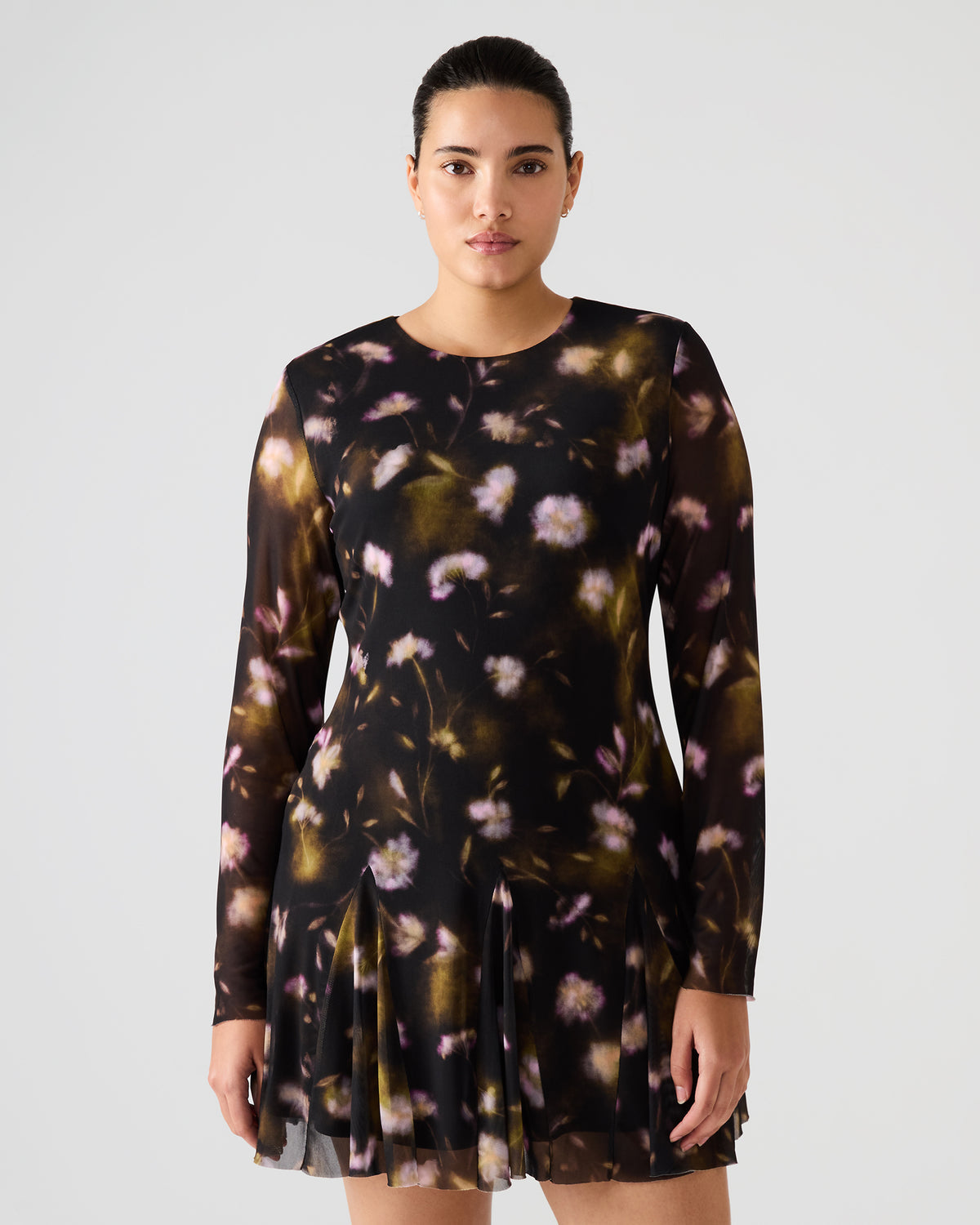 BLISS Black Ditsy Floral Long-Sleeved Floral Print Mesh Sheer Mini Women's Dress | Steve Madden outlet