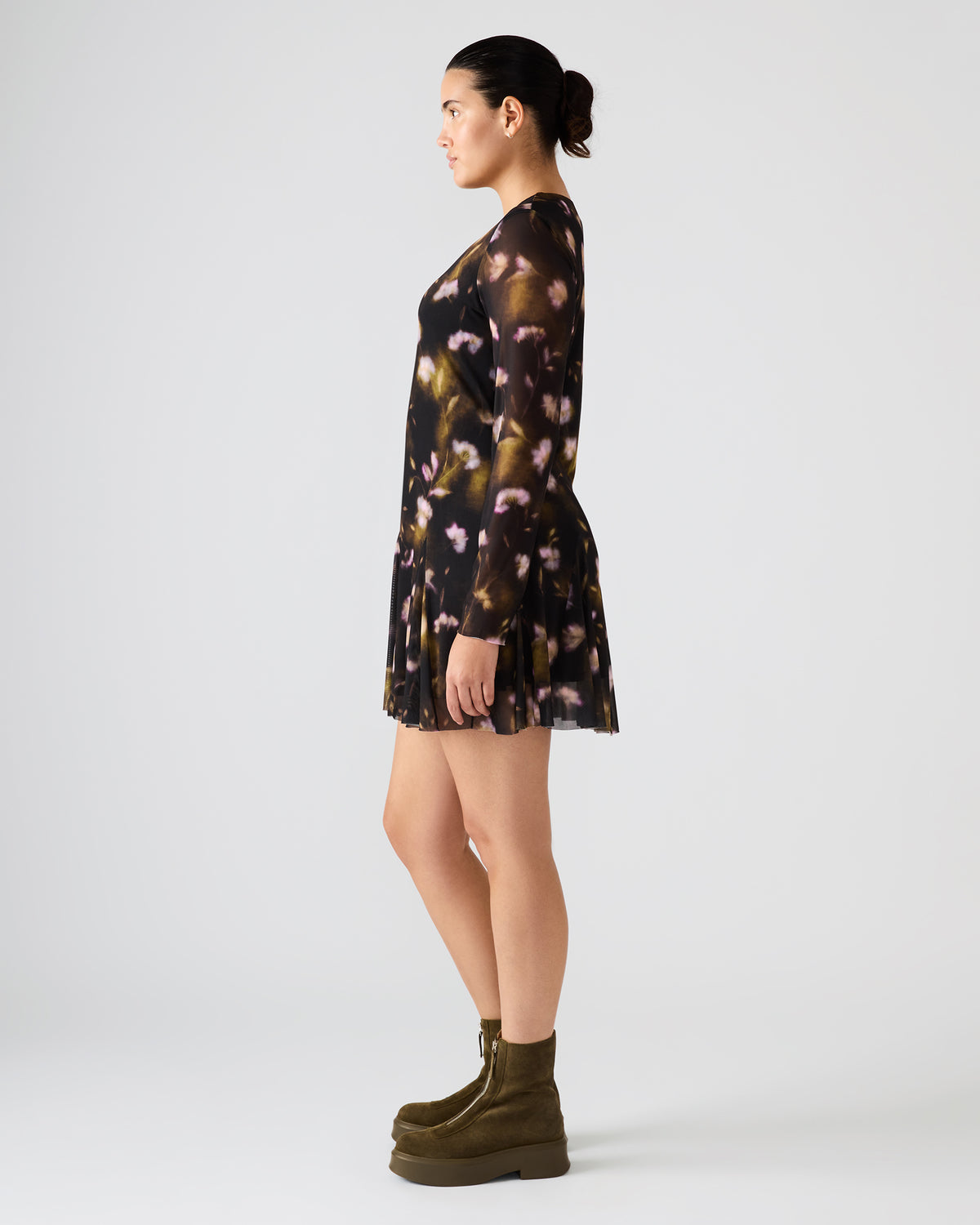 BLISS Black Ditsy Floral Long-Sleeved Floral Print Mesh Sheer Mini Women's Dress | Steve Madden outlet