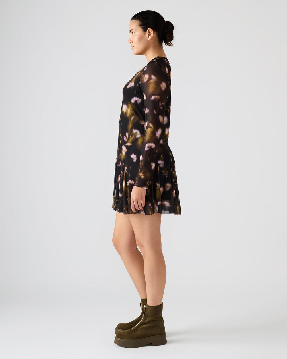 BLISS Black Ditsy Floral Long-Sleeved Floral Print Mesh Sheer Mini Women's Dress | Steve Madden outlet