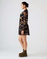 BLISS Black Ditsy Floral Long-Sleeved Floral Print Mesh Sheer Mini Women's Dress | Steve Madden outlet