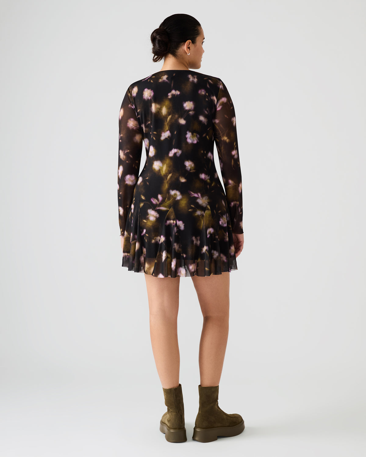 BLISS Black Ditsy Floral Long-Sleeved Floral Print Mesh Sheer Mini Women's Dress | Steve Madden outlet