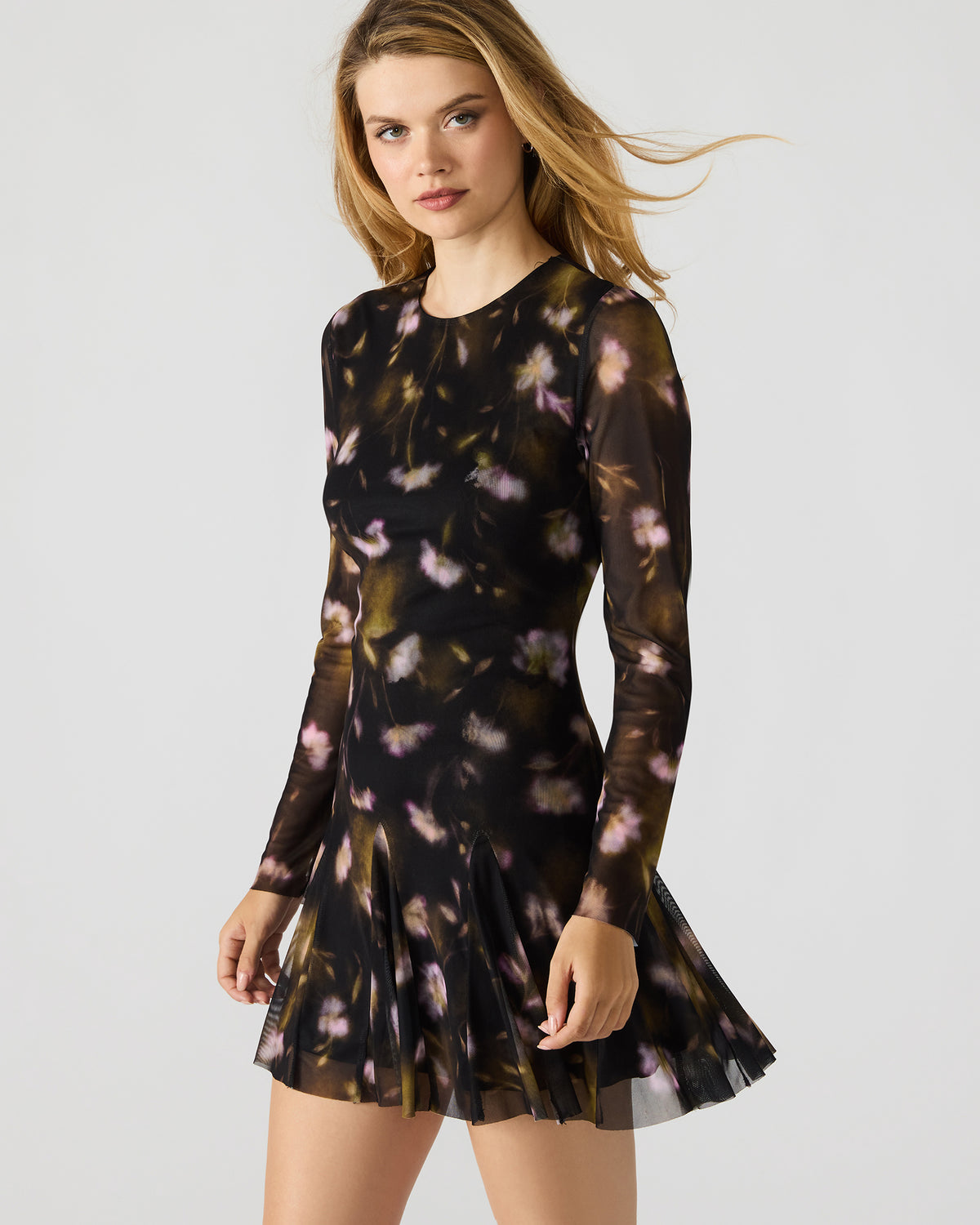 BLISS Black Ditsy Floral Long-Sleeved Floral Print Mesh Sheer Mini Women's Dress | Steve Madden outlet