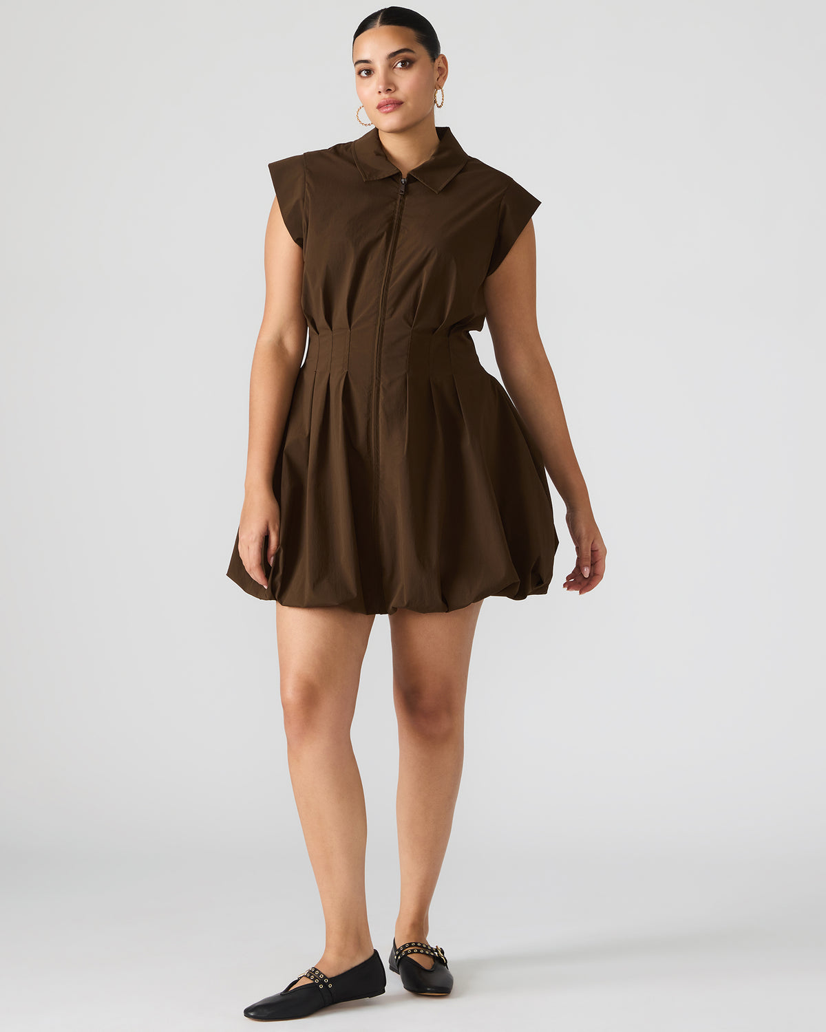 DYANNE Dark Espresso Women's Zip-Front Bubble-Hem Dress | Steve Madden near me