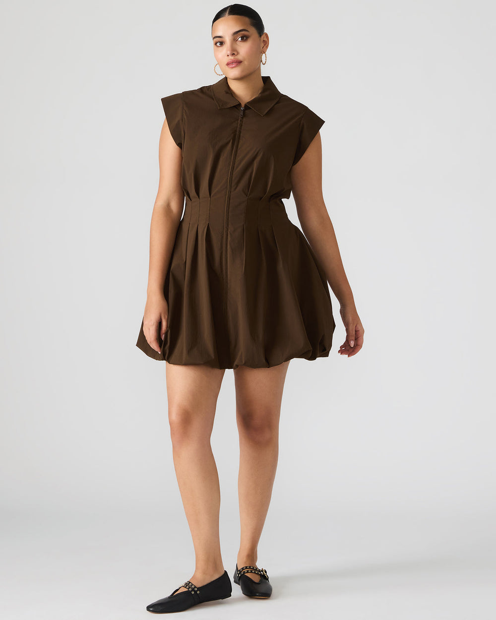 DYANNE Dark Espresso Women's Zip-Front Bubble-Hem Dress | Steve Madden near me