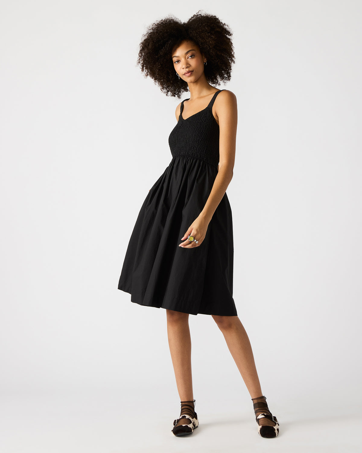 FLEUR Black Flowy Smocked Midi Women's Dress | Steve Madden discount