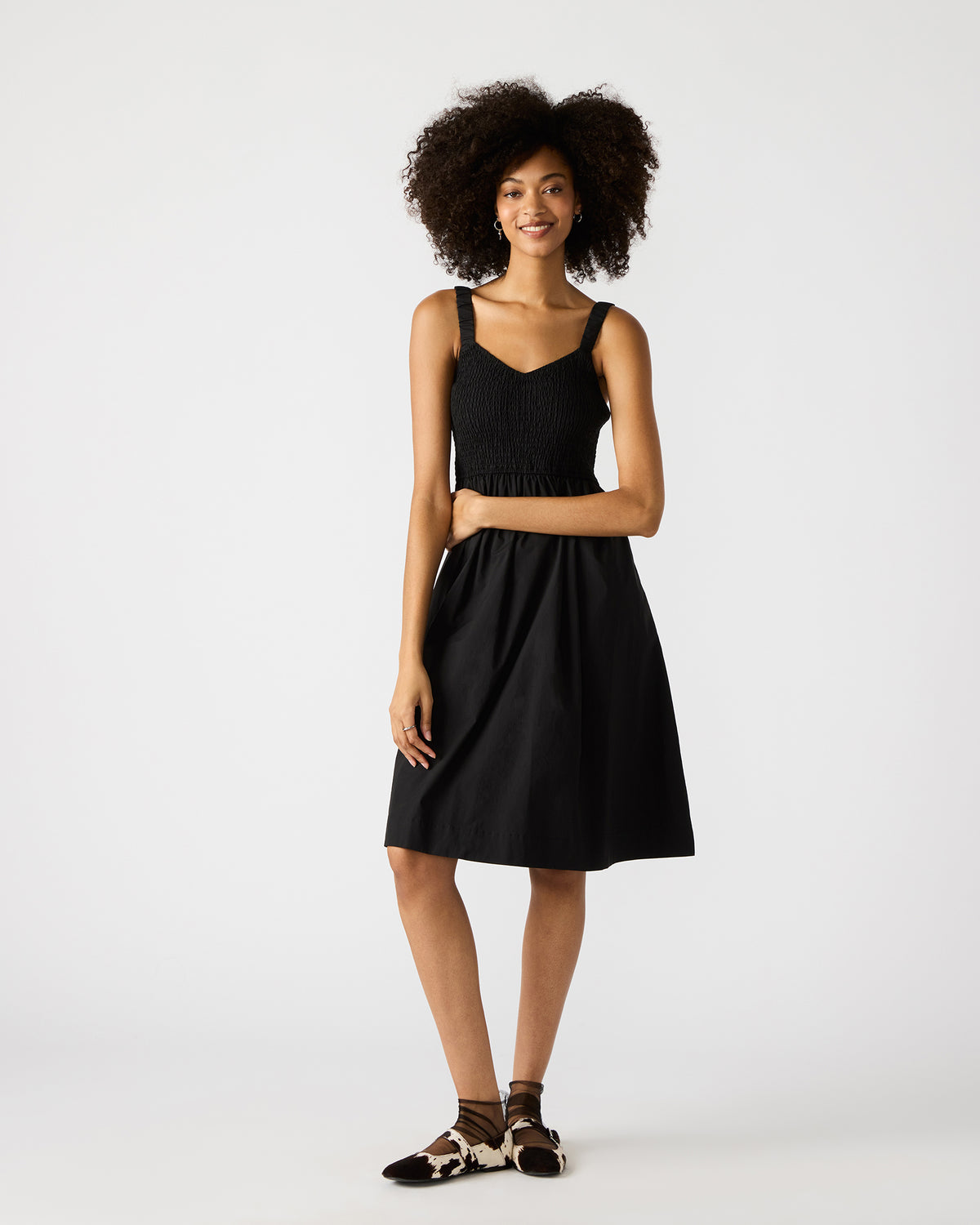 FLEUR Black Flowy Smocked Midi Women's Dress | Steve Madden discount