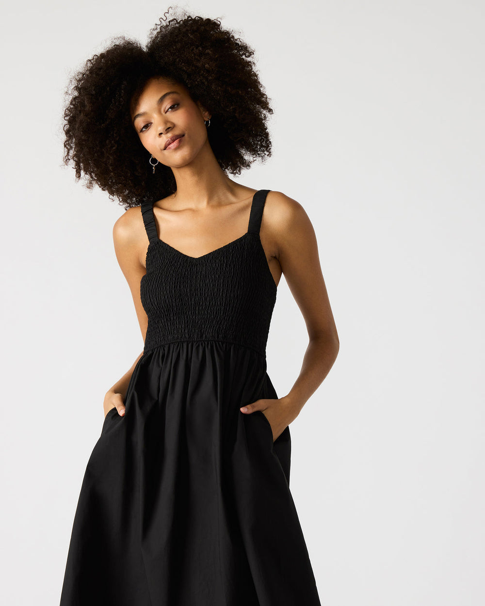 FLEUR Black Flowy Smocked Midi Women's Dress | Steve Madden discount