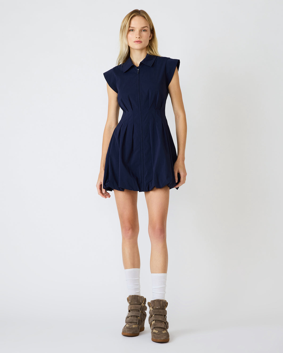 DYANNE Marine Women's Zip-Front Bubble-Hem Dress | Steve Madden online