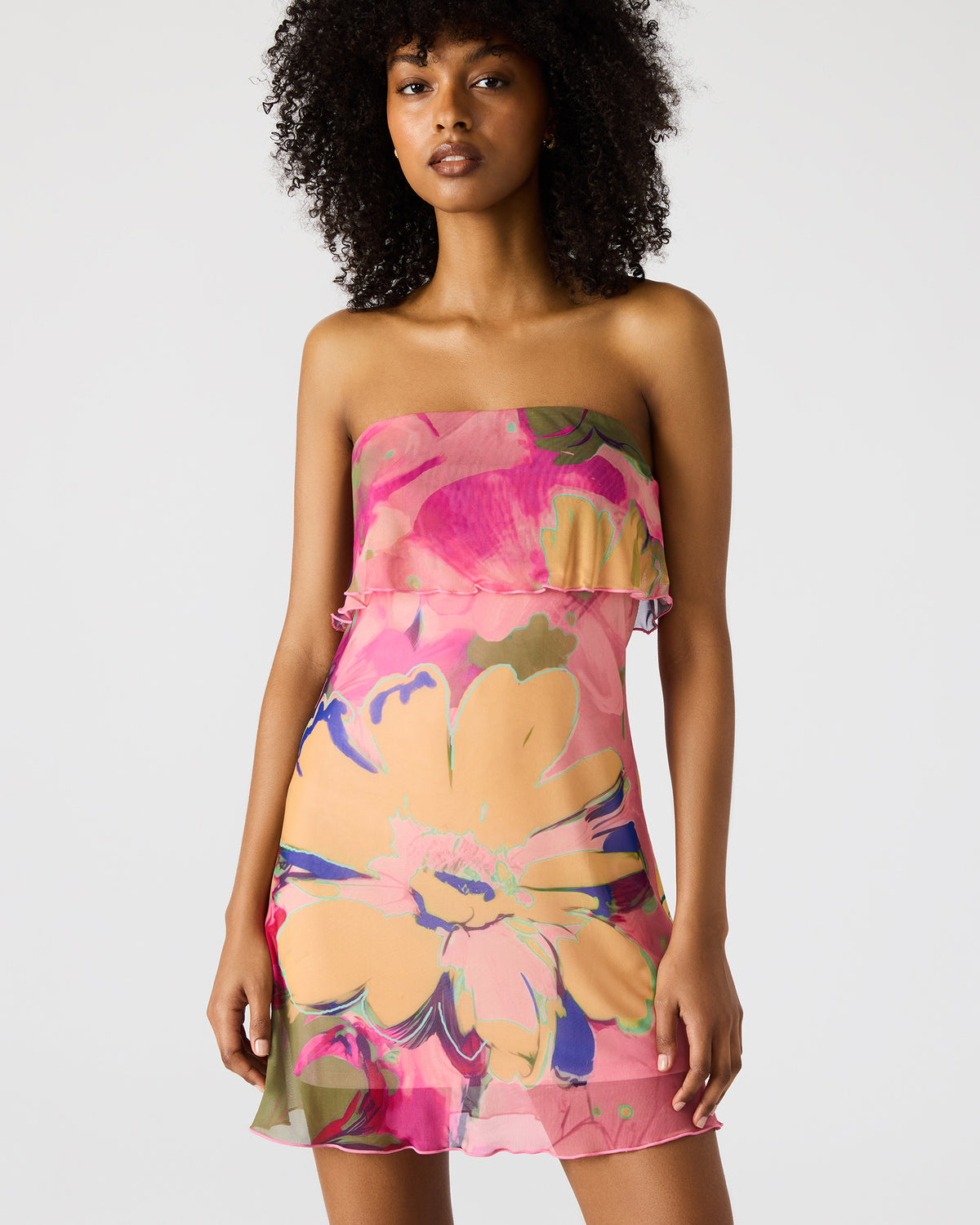 BRYAR Multi Strapless Flowy Mesh Overlay Floral Print Mini Women's Dress | Steve Madden US