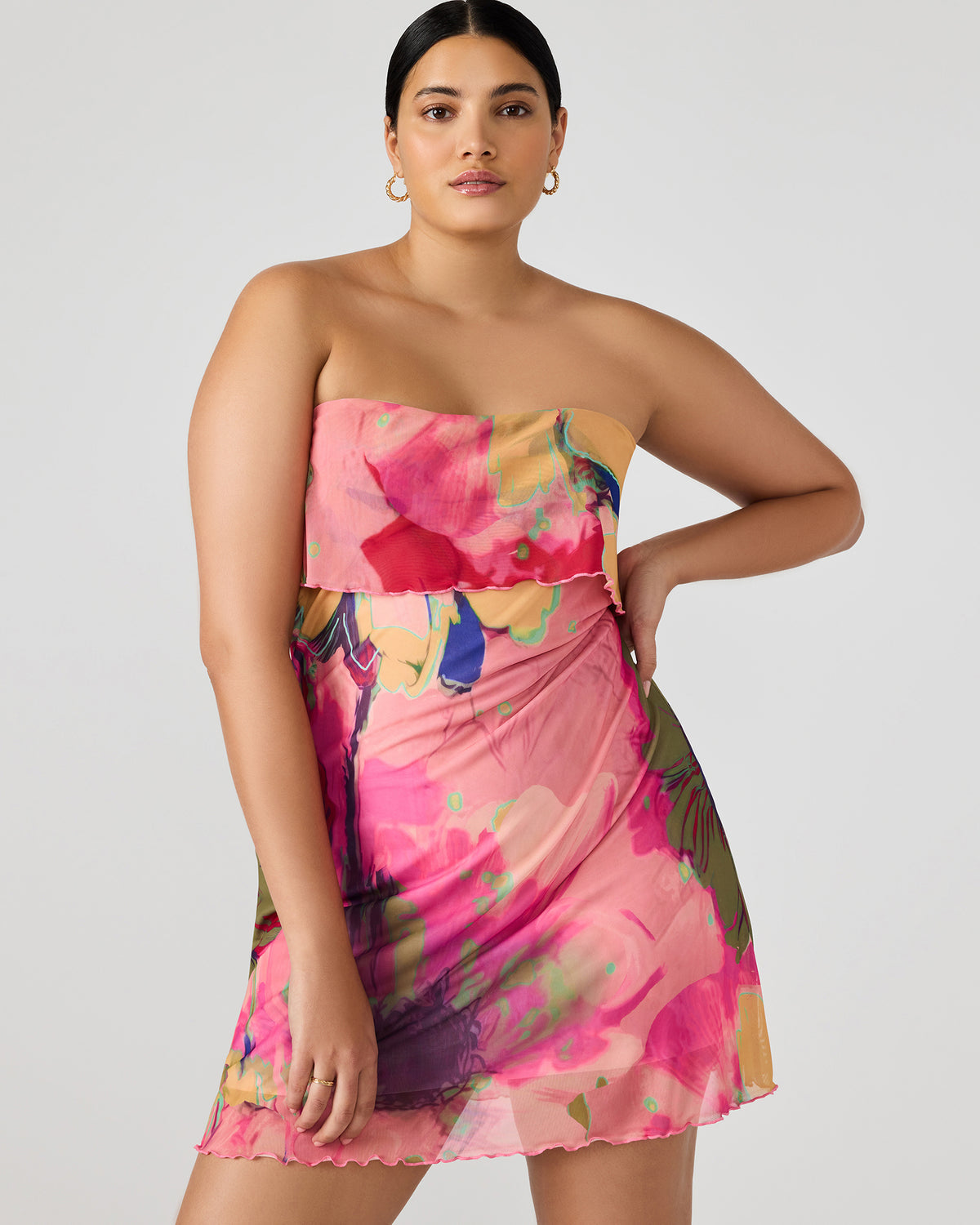 BRYAR Multi Strapless Flowy Mesh Overlay Floral Print Mini Women's Dress | Steve Madden US