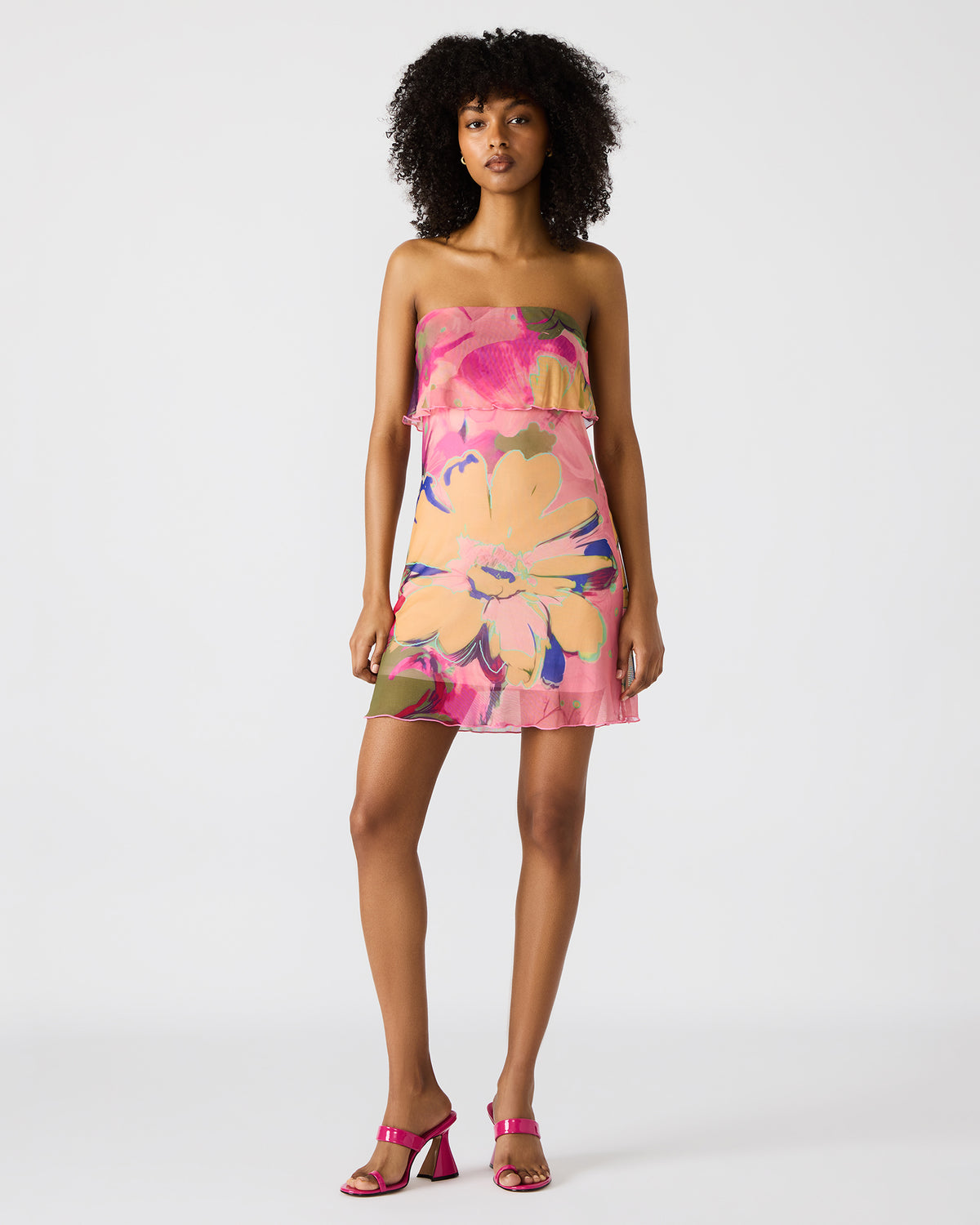 BRYAR Multi Strapless Flowy Mesh Overlay Floral Print Mini Women's Dress | Steve Madden US